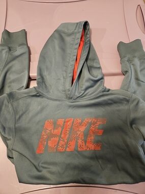 Nike Kids' Hooded Sweatshirt - Green with Orange Logo